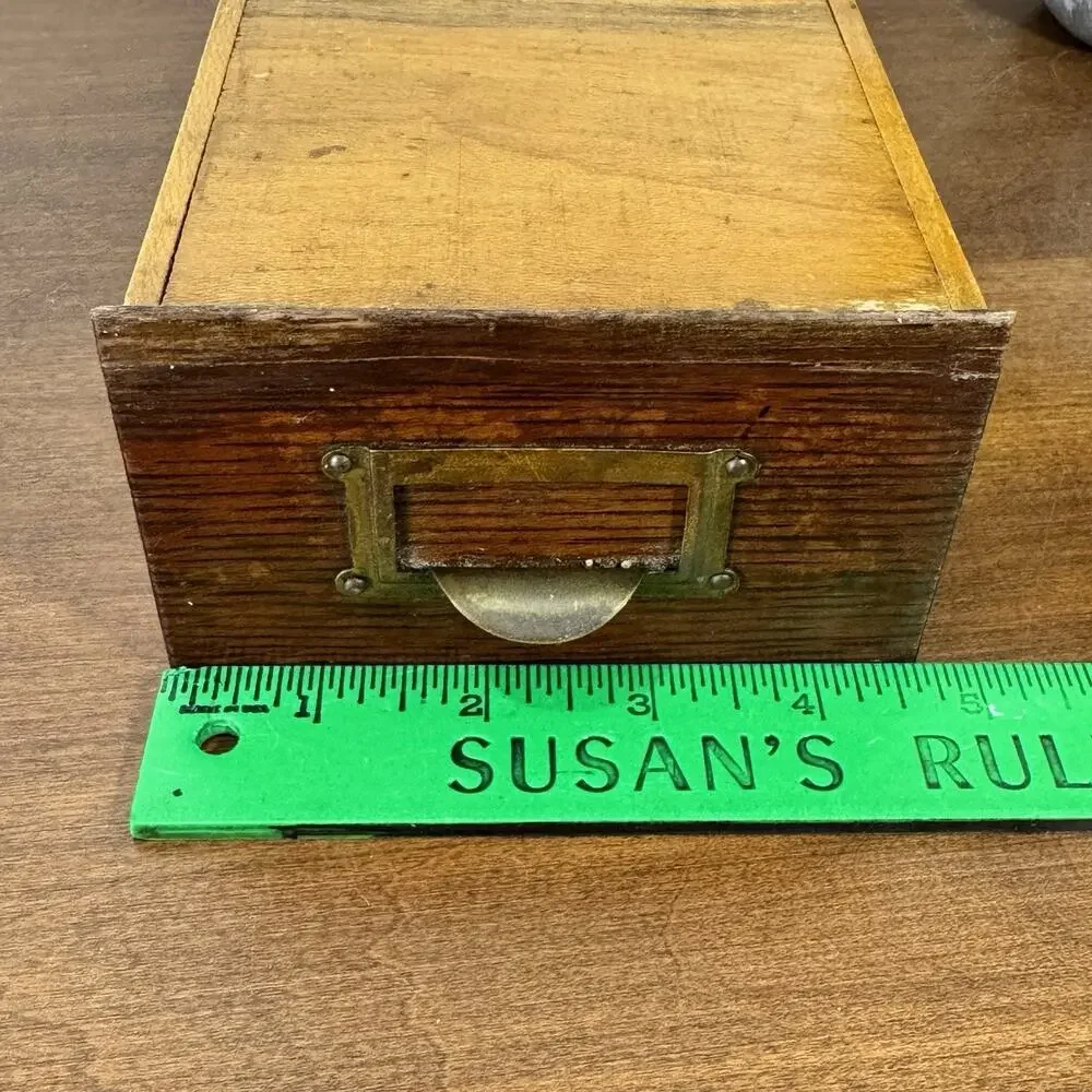 Vintage Library Card Catalog Wood Drawer Antique Brass Pull
